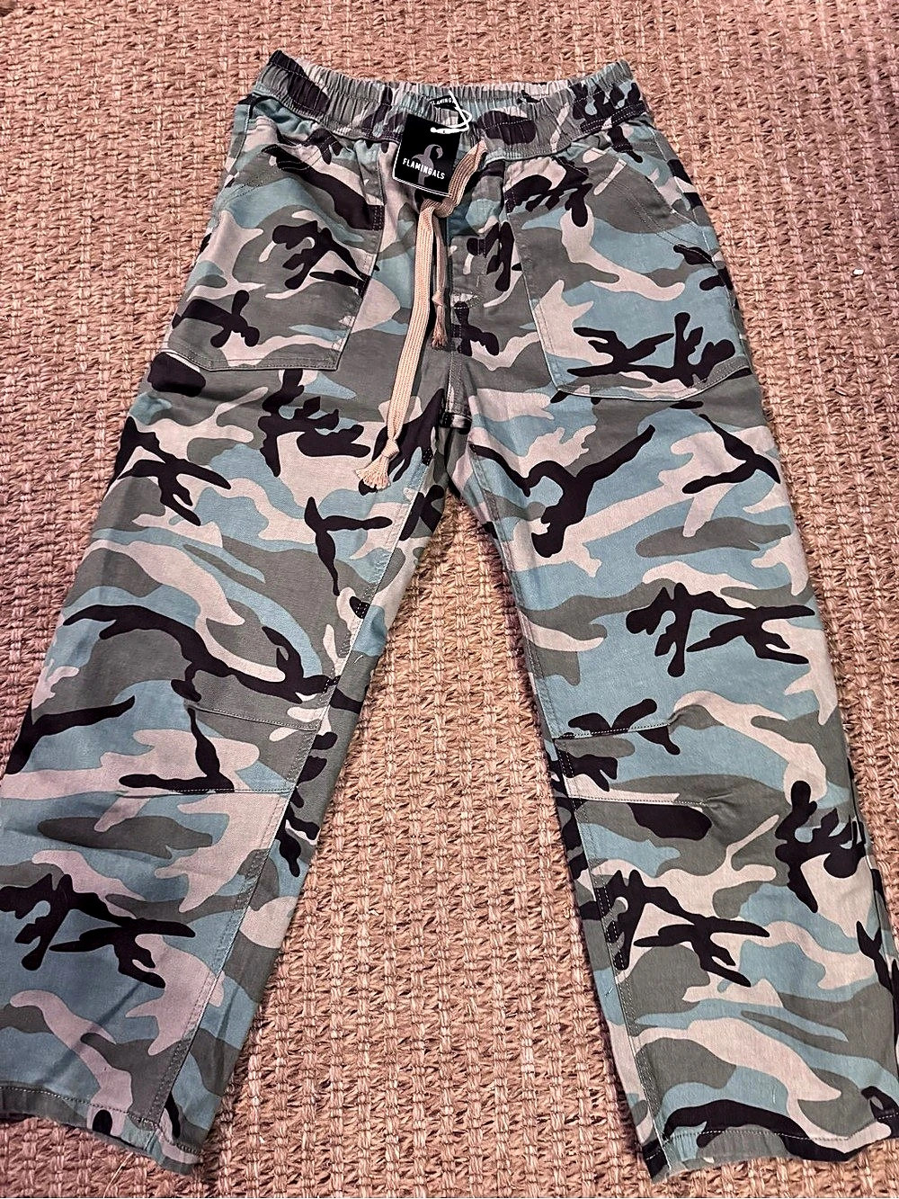 Flamingals Camo Drawstring Mid Waist Barrel Leg Crop Pants